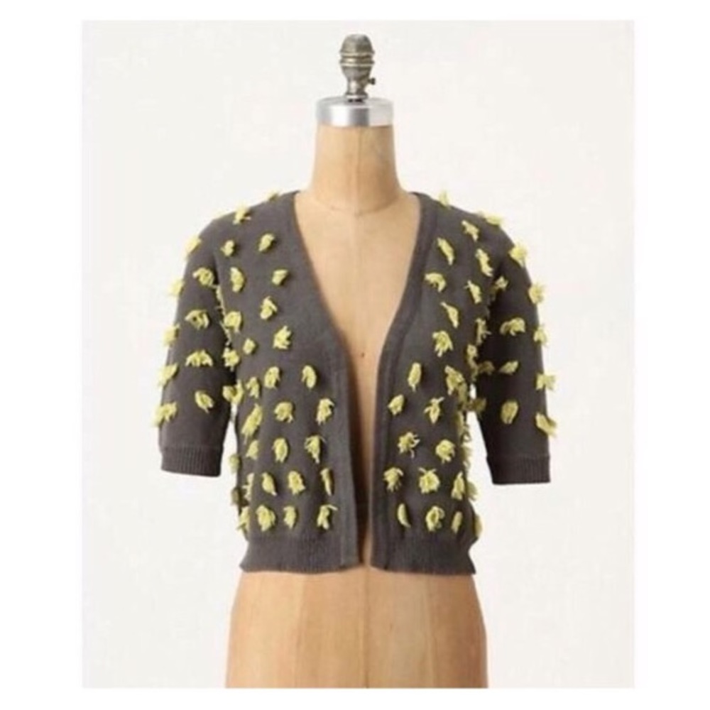 • ANTHRO OLIVE YELLOW TASSELED CARDIGAN SZ S •